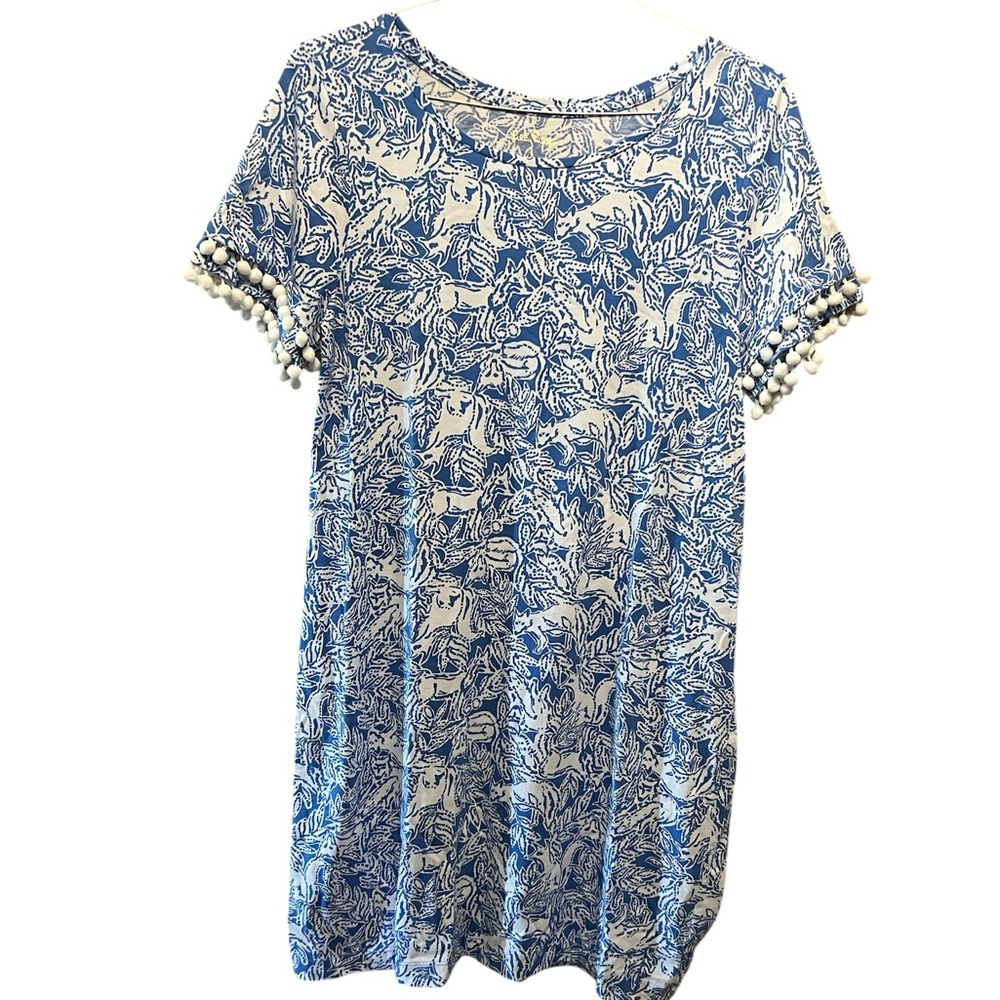 Lilly Pulitzer Blue and White Printed Pom-Pom Sleeve Shift Dress